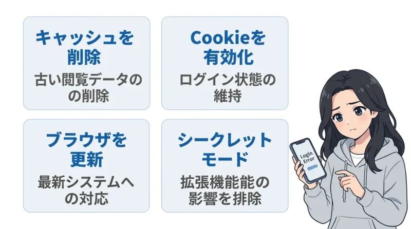 ログイン不具合を解消するブラウザ設定の要点をまとめた図解(キャッシュを削除・Cookieを有効化・ブラウザを更新)