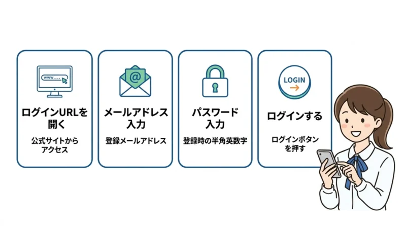 インフォトップの購入者マイページへログインする方法の要点をまとめた図解（ログインURLを開く・メールアドレス入力・パスワード入力）