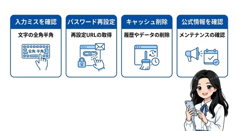 インフォトップにログインできない時の解決策4つの要点をまとめた図解（入力ミスを確認・パスワード再設定・キャッシュ削除）