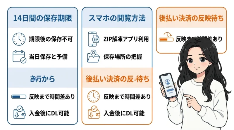 購入者マイページを利用する際の注意点の要点をまとめた図解（14日間の保存期限・スマホの閲覧方法・後払い決済の反映待ち）