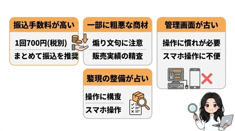 インフォトップのデメリット3つの要点をまとめた図解(振込手数料が高い・一部に粗悪な商材・管理画面が古い)