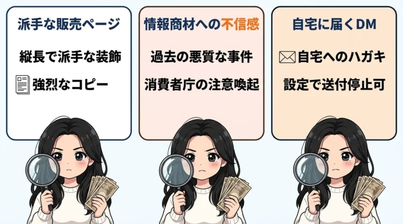 インフォトップが怪しいと感じる3つの原因の要点をまとめた図解（派手な販売ページ・情報商材への不信感・自宅に届くDM）
