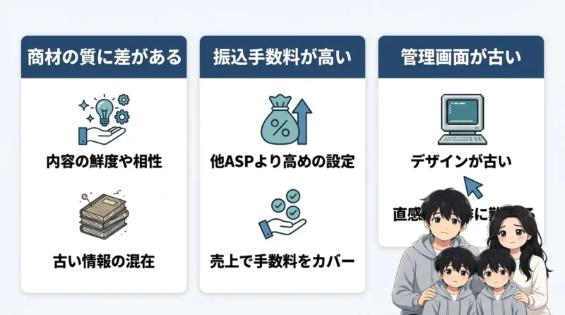 インフォトップを利用するデメリット3つの要点をまとめた図解（商材の質に差がある・振込手数料が高い・管理画面が古い）