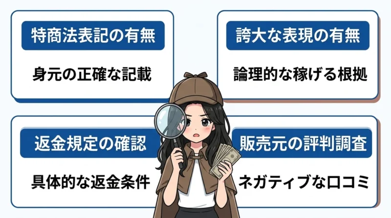 悪質な詐欺商材を避けるための判別ポイントの要点をまとめた図解（特商法表記の有無・誇大な表現の有無・返金規定の確認）