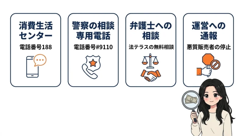 詐欺被害に遭った場合の公的な相談窓口の要点をまとめた図解（消費生活センター・警察の相談専用電話・弁護士への相談）