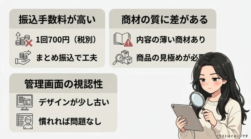 インフォトップを利用する3つのデメリットの要点をまとめた図解(振込手数料が高い・商材の質に差がある・管理画面の視認性)