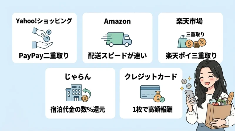 バリューコマースの推奨案件5選の要点をまとめた図解(Yahoo!ショッピング・Amazon・楽天市場)