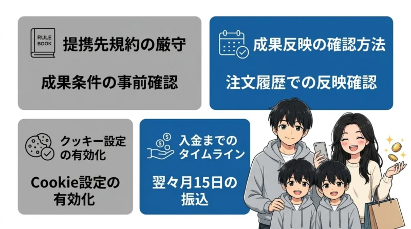 バリューコマース利用時の注意点の要点をまとめた図解(提携先規約の厳守・成果反映の確認方法・クッキー設定の有効化)