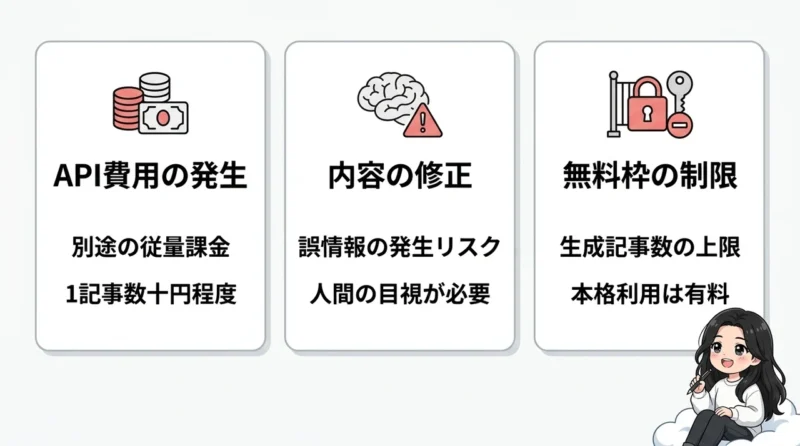 AI維新Writerを利用するデメリット3つの要点をまとめた図解（API費用の発生・内容の修正・無料枠の制限）