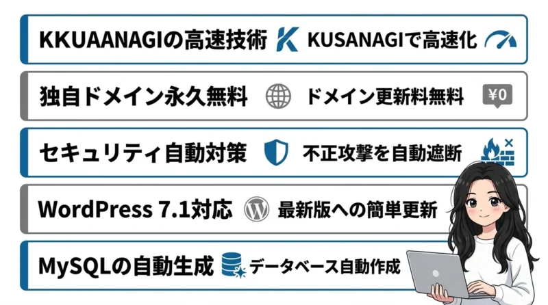 エックスサーバーのワードプレス運営メリット5つの要点をまとめた図解(KUSANAGIの高速技術・独自ドメイン永久無料・セキュリティ自動対策)